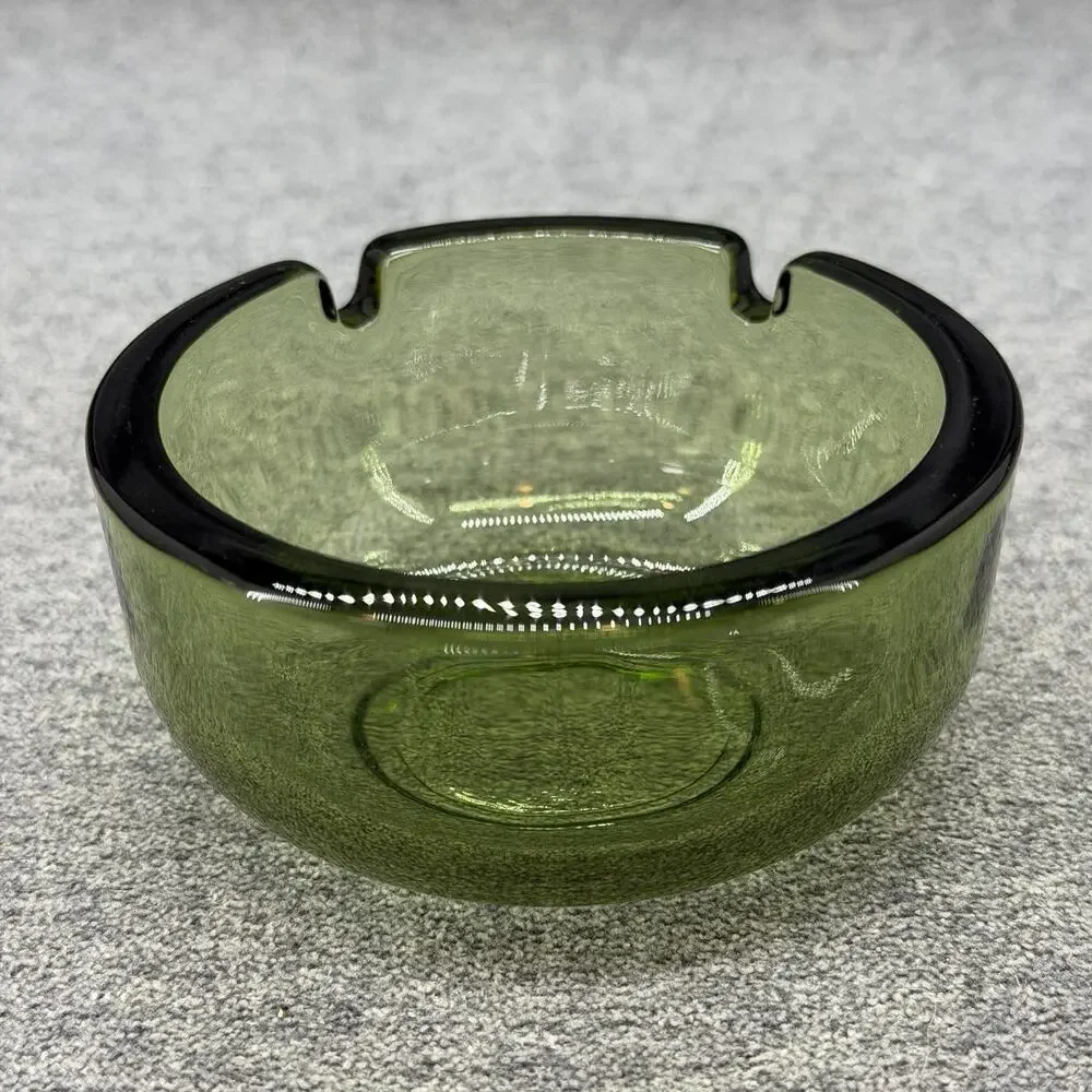 Vintage Olive Green Heavy Glass Round Ashtray 2 Slot Mid Century Modern 3.75